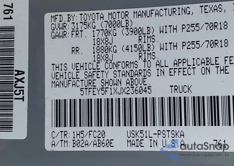 2018 Toyota Tundra Sr5 5.7L V8 from USA, damaged, VIN 5TFEY5F1XJX236045
